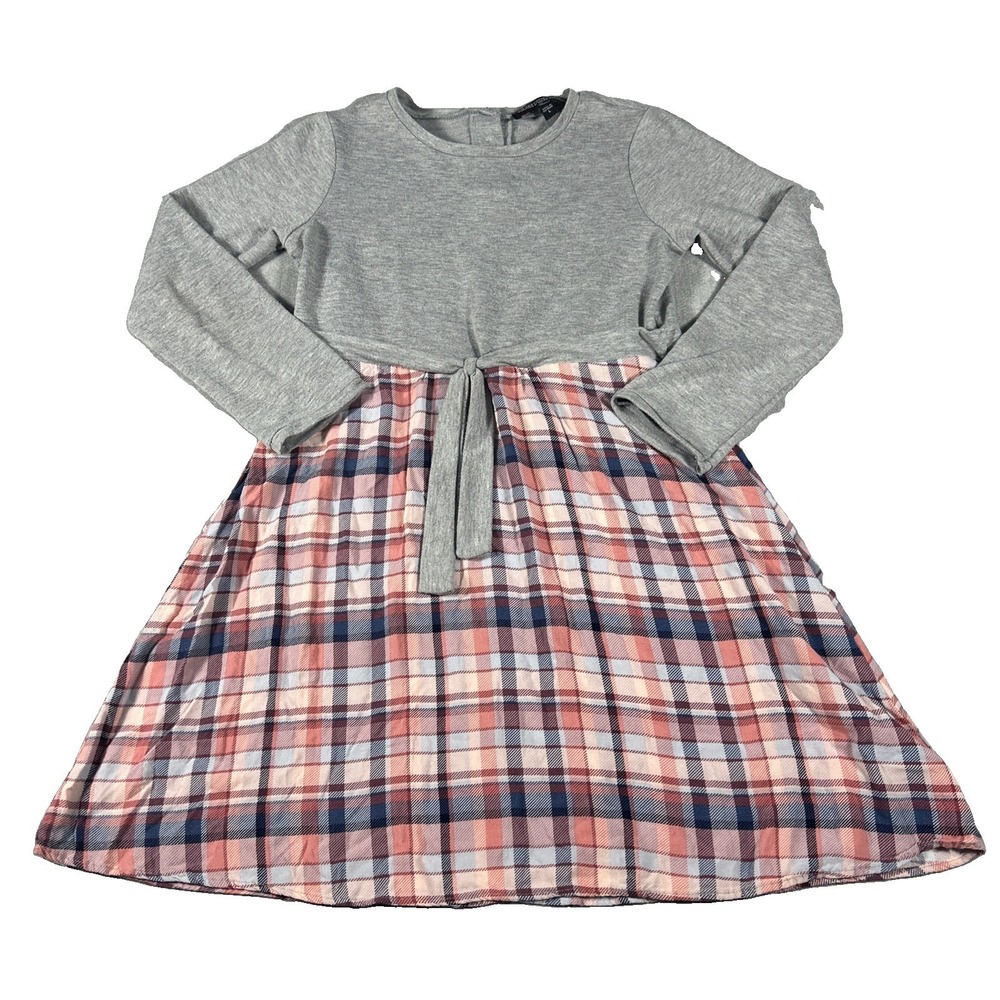 Three Pink Hearts Girls Dress Grey Plaid Long Sleeve Fit Flare Size L